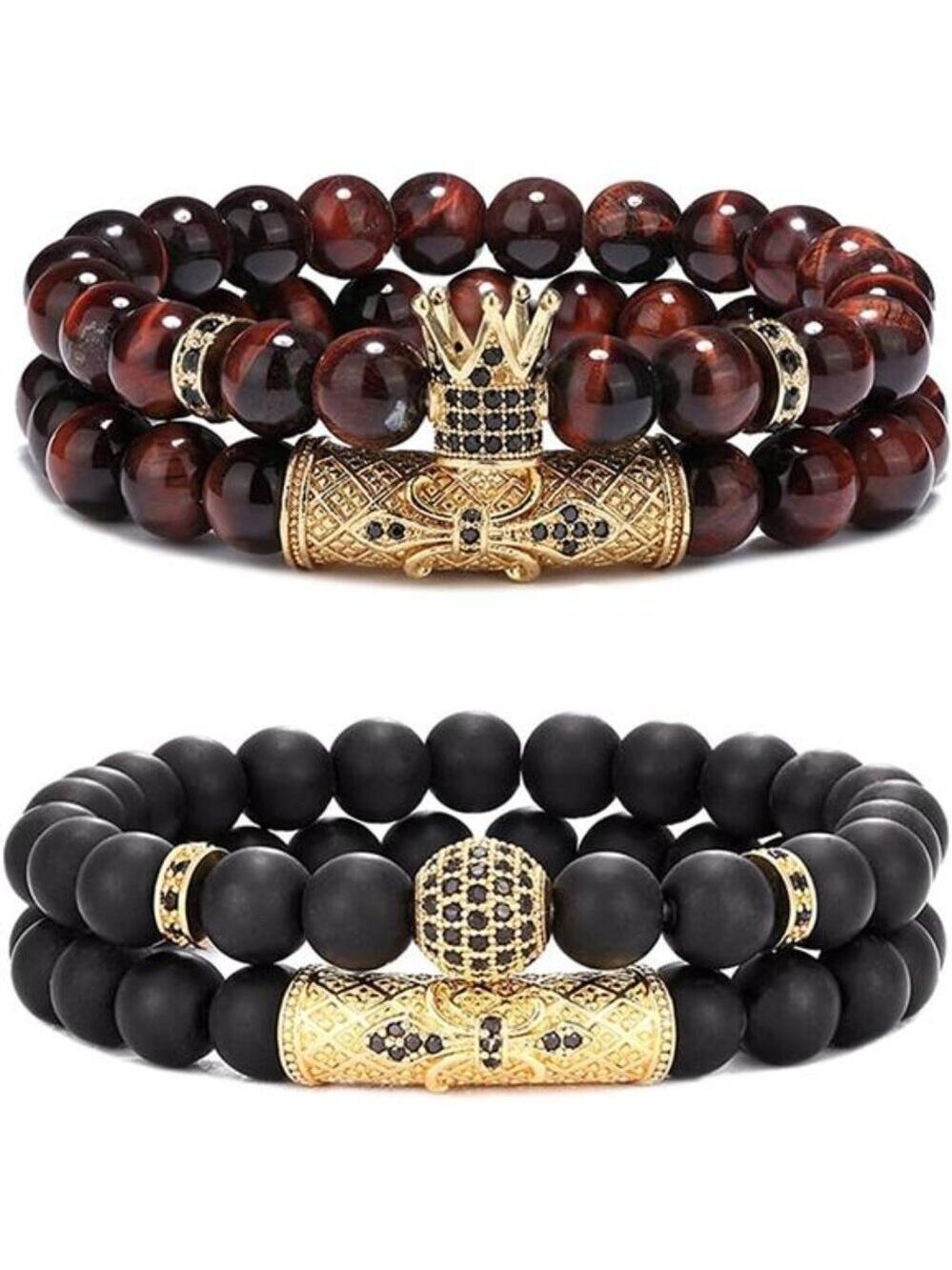 Mens Womens Crown King Bracelet Set Natural Tiger Eye Black Onyx Stone Beads
